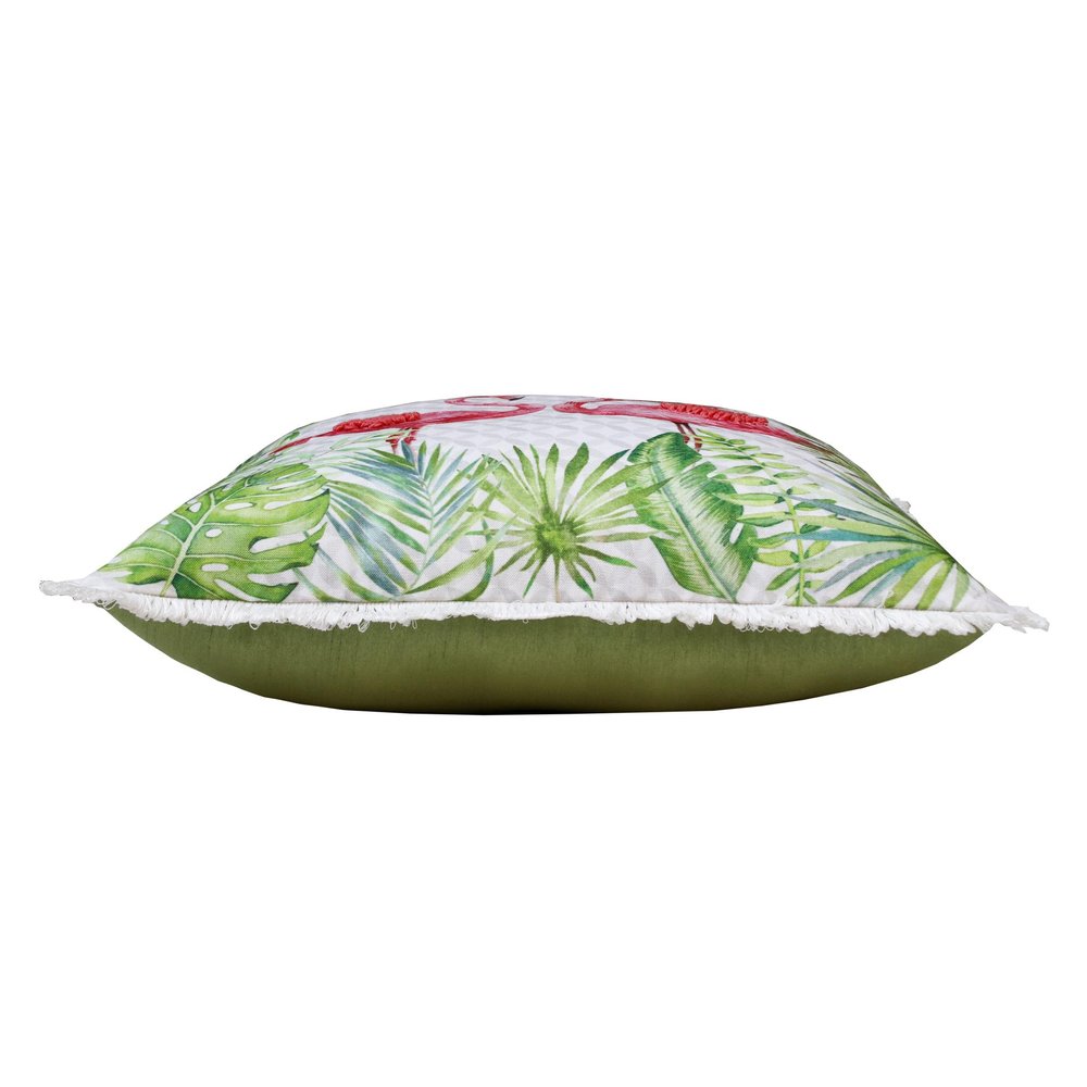 20" Green Off White And Pink Flamingo Throw Pillow Cover with Fringe — view 10