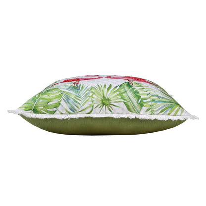 20" Green Off White And Pink Flamingo Throw Pillow Cover with Fringe