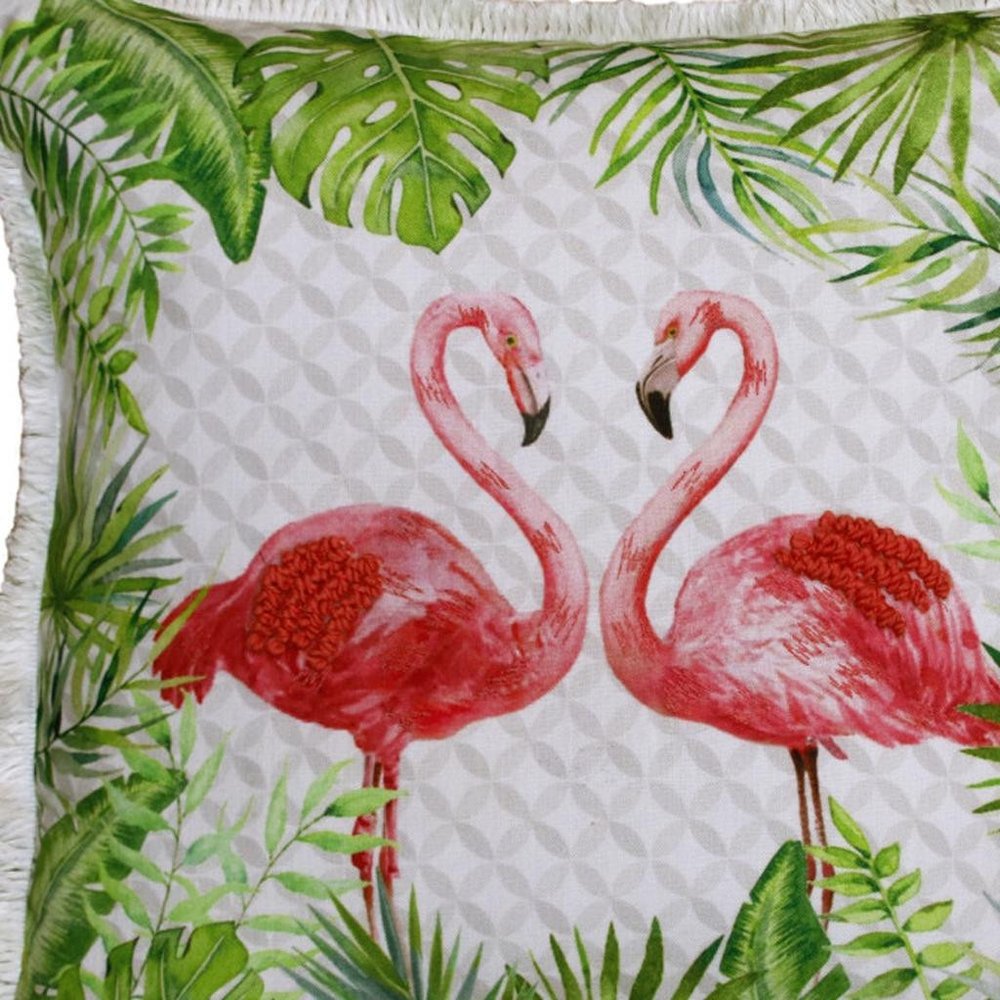 20" Green Off White And Pink Flamingo Throw Pillow Cover with Fringe — view 3