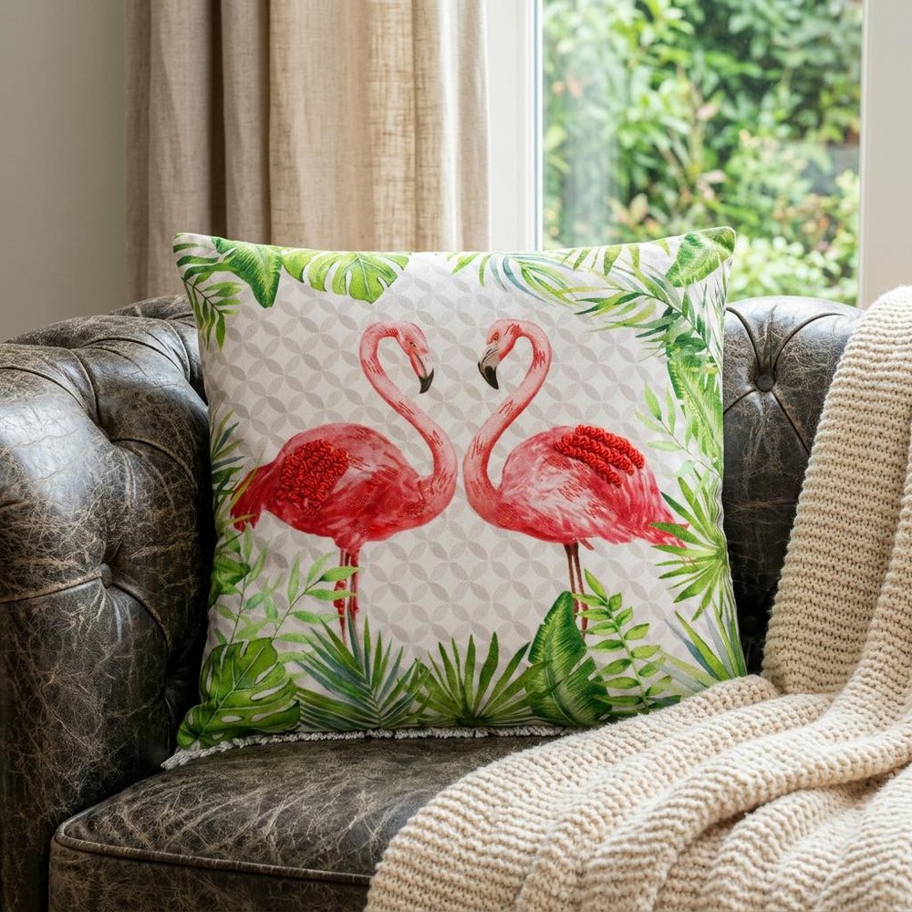 20" Green Off White And Pink Flamingo Throw Pillow Cover with Fringe — view 4