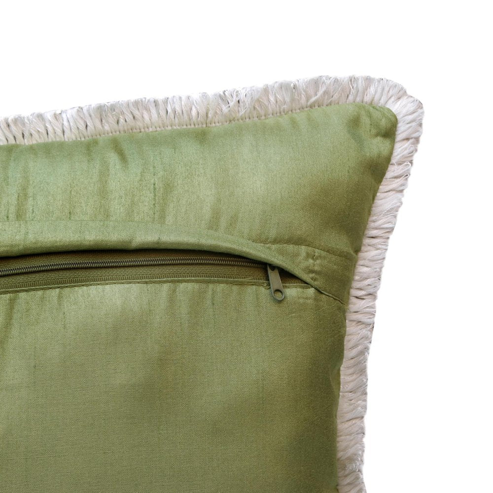 20" Green Off White And Pink Flamingo Throw Pillow Cover with Fringe — view 5