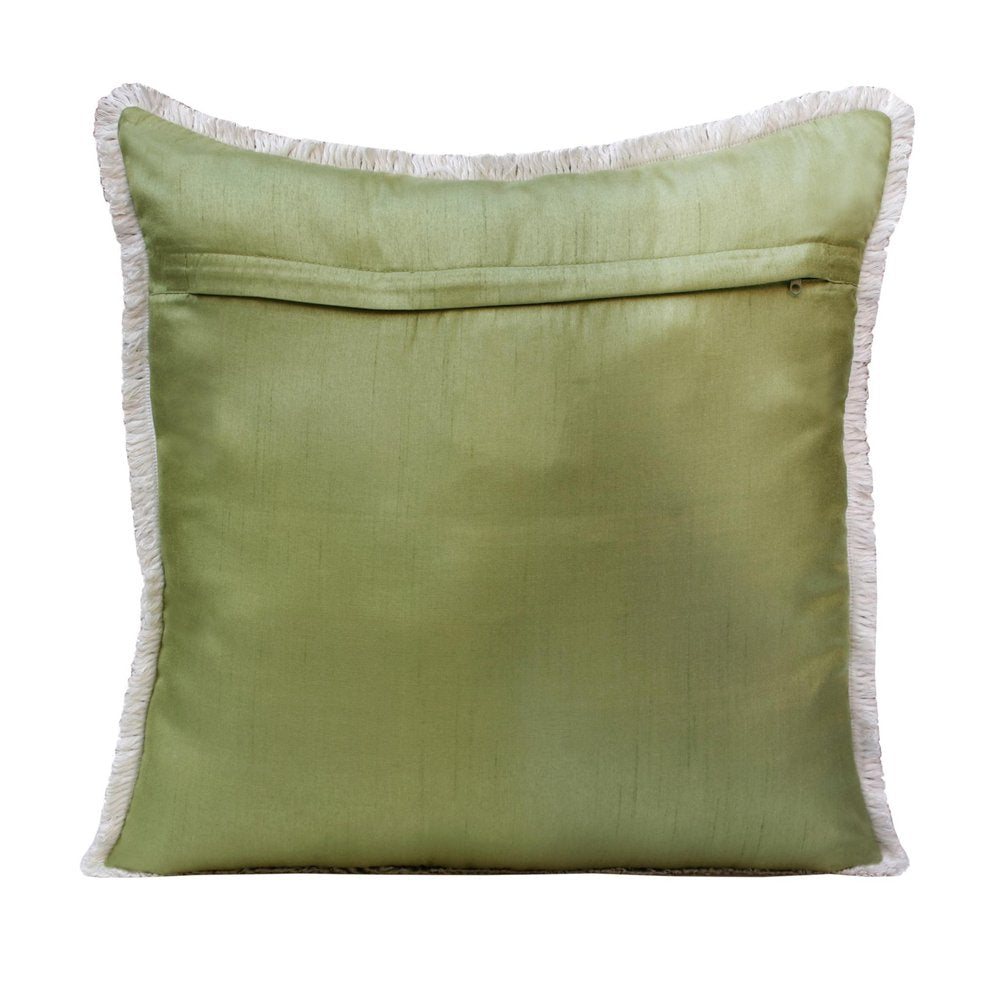 20" Green Off White And Pink Flamingo Throw Pillow Cover with Fringe — view 6