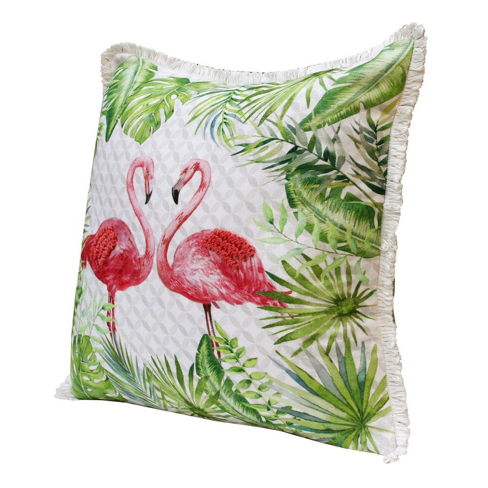 20" Green Off White And Pink Flamingo Throw Pillow Cover with Fringe — view 7