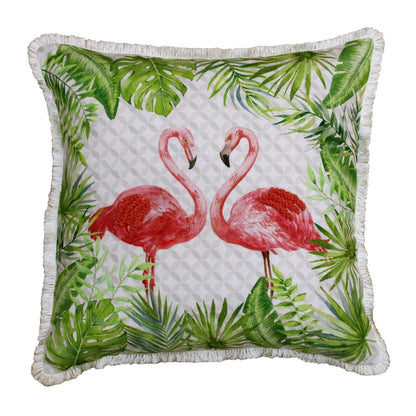 20" Green Off White And Pink Flamingo Throw Pillow Cover with Fringe