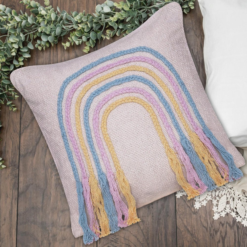 20" Cream Blue And Pink Abstract Cotton Throw Pillow Cover with Fringe Embroidery And Texture — view 9