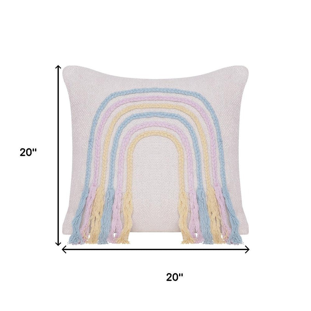 20" Cream Blue And Pink Abstract Cotton Throw Pillow Cover with Fringe Embroidery And Texture — view 1