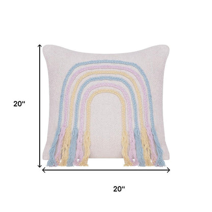 20" Cream Blue And Pink Abstract Cotton Throw Pillow Cover with Fringe Embroidery And Texture