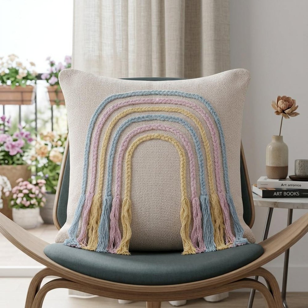 20" Cream Blue And Pink Abstract Cotton Throw Pillow Cover with Fringe Embroidery And Texture — view 2