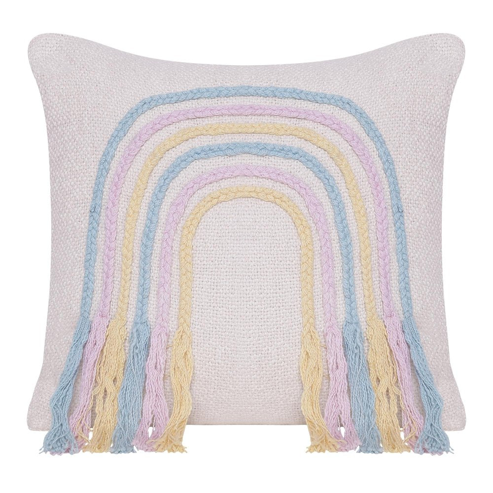 20" Cream Blue And Pink Abstract Cotton Throw Pillow Cover with Fringe Embroidery And Texture — view 3