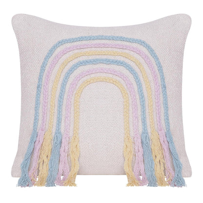 20" Cream Blue And Pink Abstract Cotton Throw Pillow Cover with Fringe Embroidery And Texture
