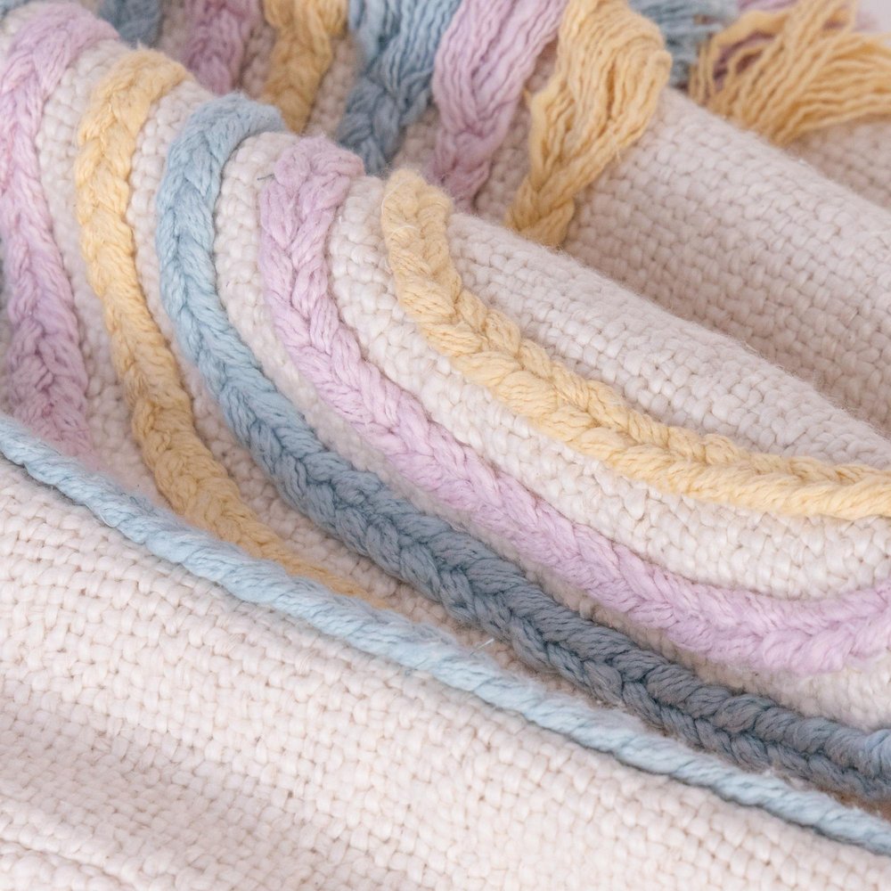 20" Cream Blue And Pink Abstract Cotton Throw Pillow Cover with Fringe Embroidery And Texture — view 4