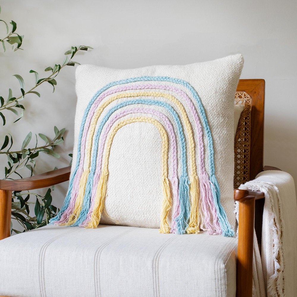 20" Cream Blue And Pink Abstract Cotton Throw Pillow Cover with Fringe Embroidery And Texture — view 8