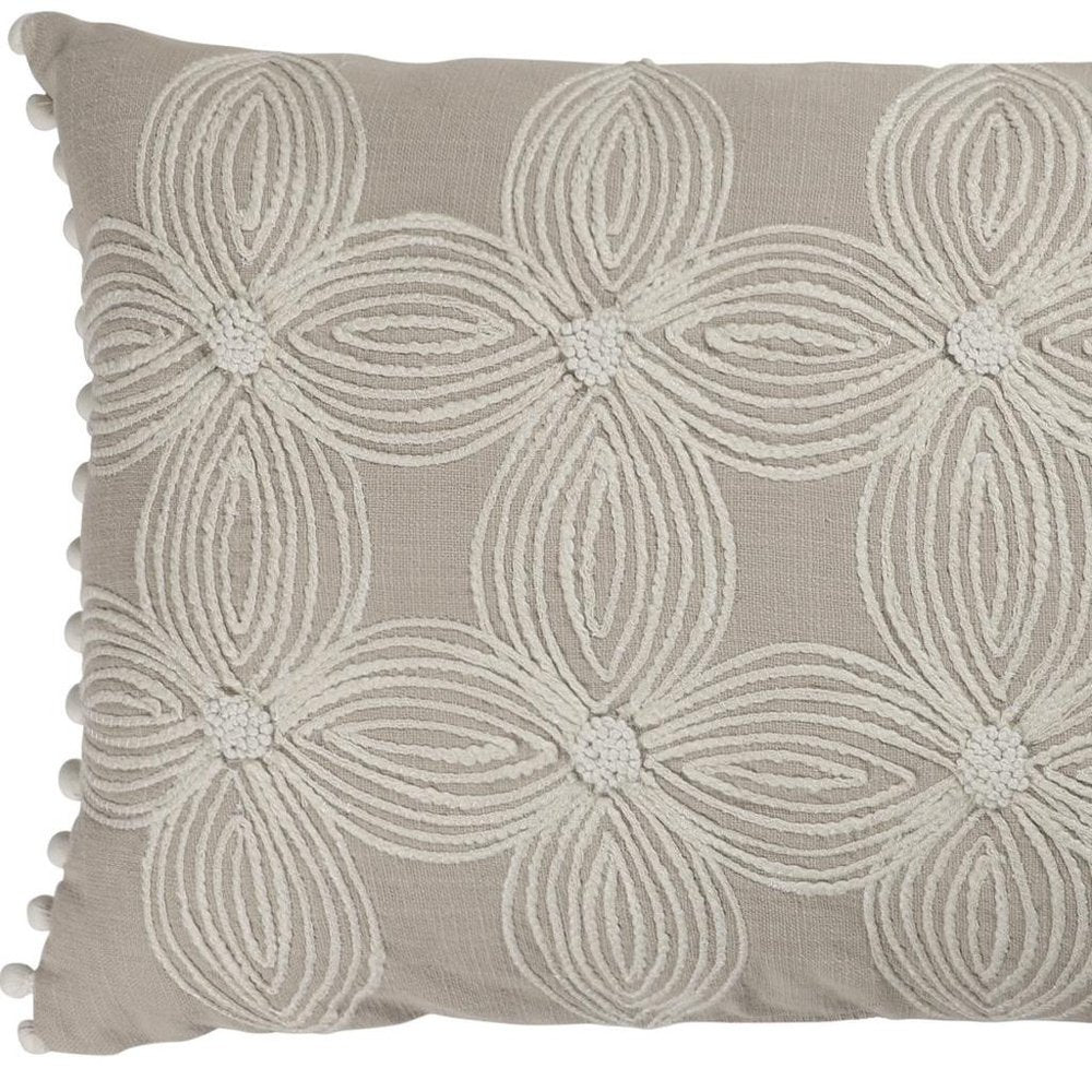 16" X 24" Beige And Ivory Lumbar Floral Cotton Throw Pillow Cover with Pompoms — view 6