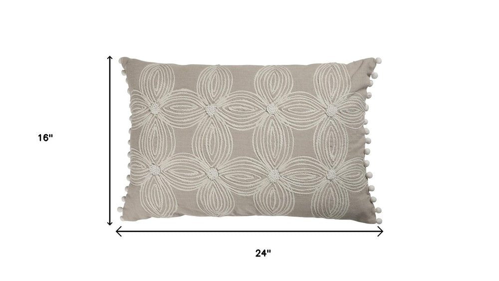 16" X 24" Beige And Ivory Lumbar Floral Cotton Throw Pillow Cover with Pompoms — view 7