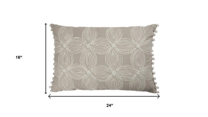 16" X 24" Beige And Ivory Lumbar Floral Cotton Throw Pillow Cover with Pompoms