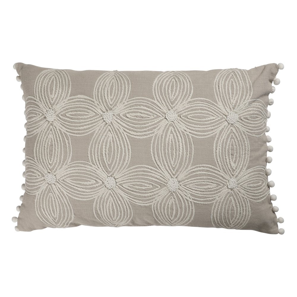 16" X 24" Beige And Ivory Lumbar Floral Cotton Throw Pillow Cover with Pompoms — view 1
