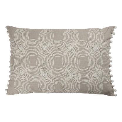 16" X 24" Beige And Ivory Lumbar Floral Cotton Throw Pillow Cover with Pompoms