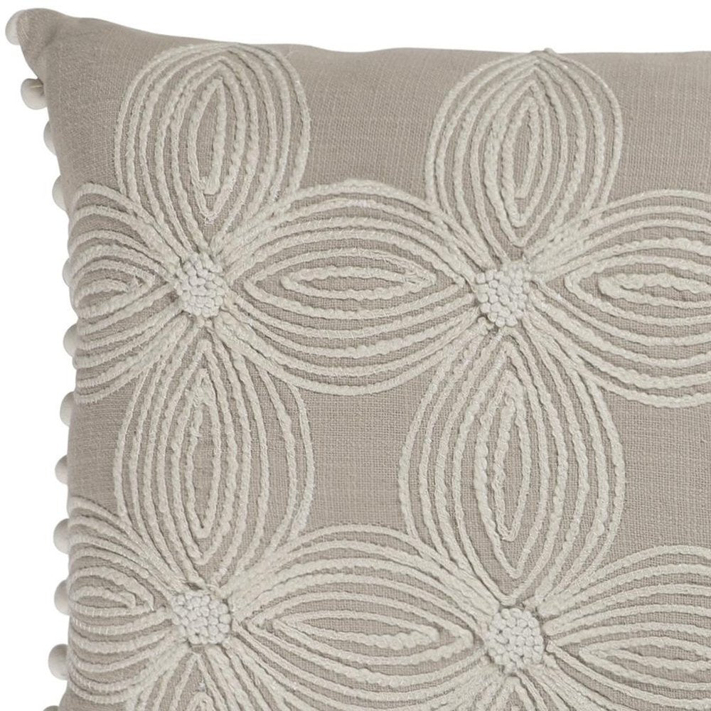 16" X 24" Beige And Ivory Lumbar Floral Cotton Throw Pillow Cover with Pompoms — view 5