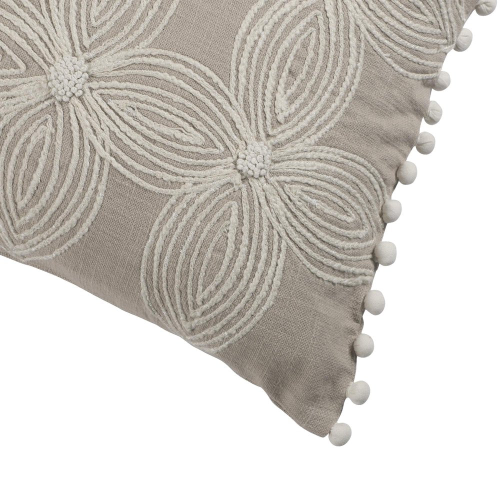 16" X 24" Beige And Ivory Lumbar Floral Cotton Throw Pillow Cover with Pompoms — view 2