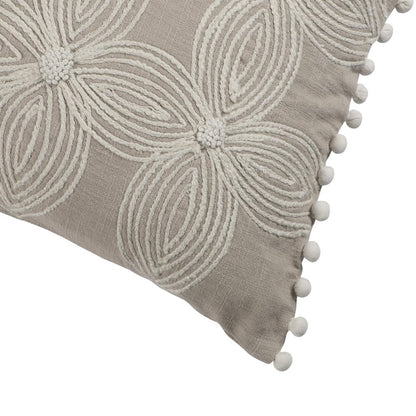 16" X 24" Beige And Ivory Lumbar Floral Cotton Throw Pillow Cover with Pompoms