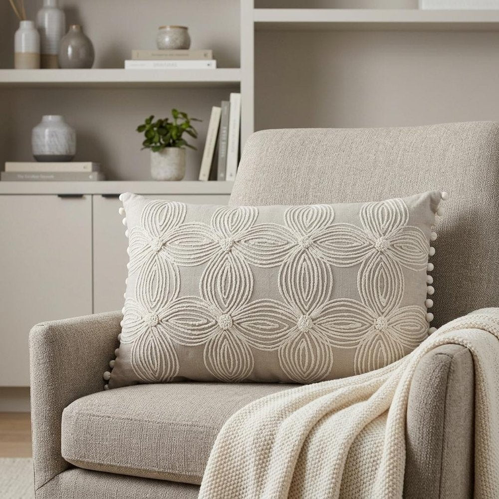 16" X 24" Beige And Ivory Lumbar Floral Cotton Throw Pillow Cover with Pompoms — view 8