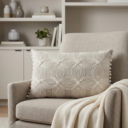 16" X 24" Beige And Ivory Lumbar Floral Cotton Throw Pillow Cover with Pompoms
