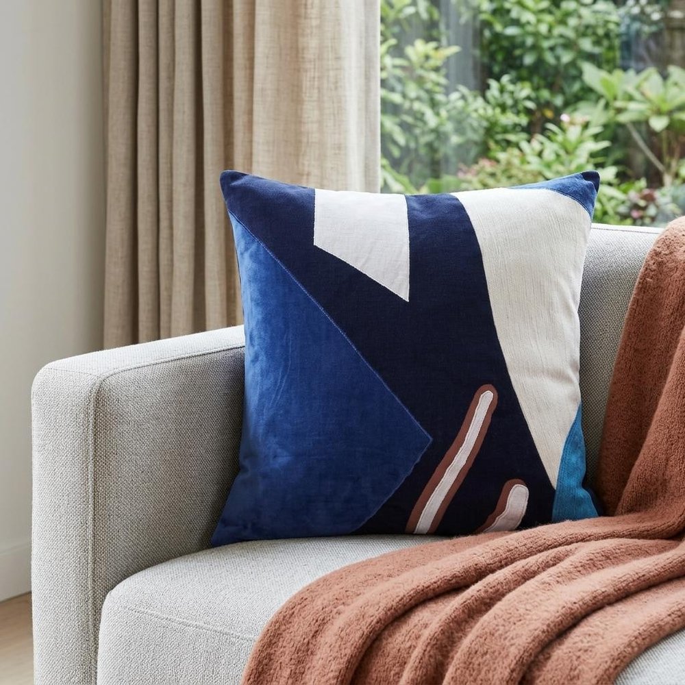 20" Cobalt Navy Blue And White Abstract Cotton Throw Pillow Cover — view 4