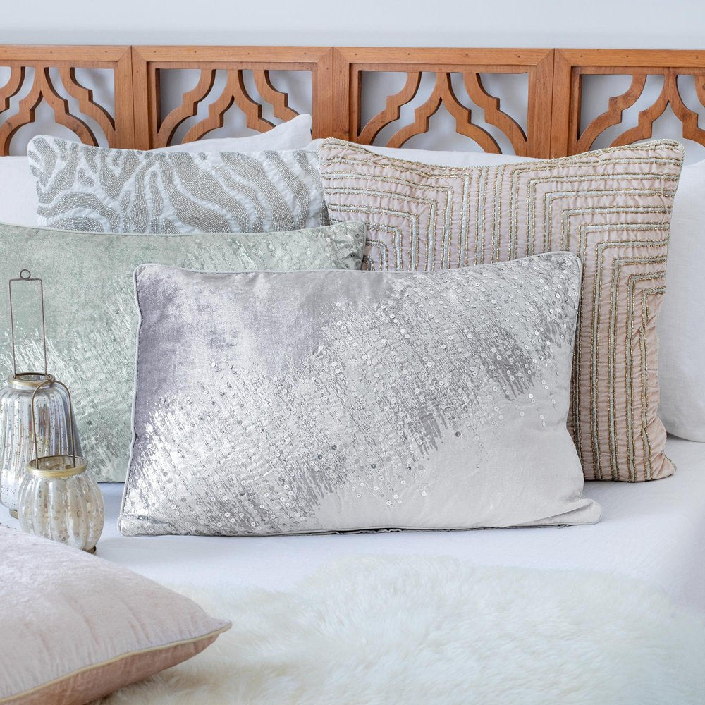 16" X 24" Ivory And Silver Lumbar Abstract Throw Pillow Cover with Sequin — view 8