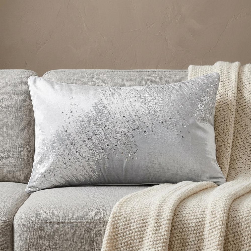 16" X 24" Ivory And Silver Lumbar Abstract Throw Pillow Cover with Sequin — view 3