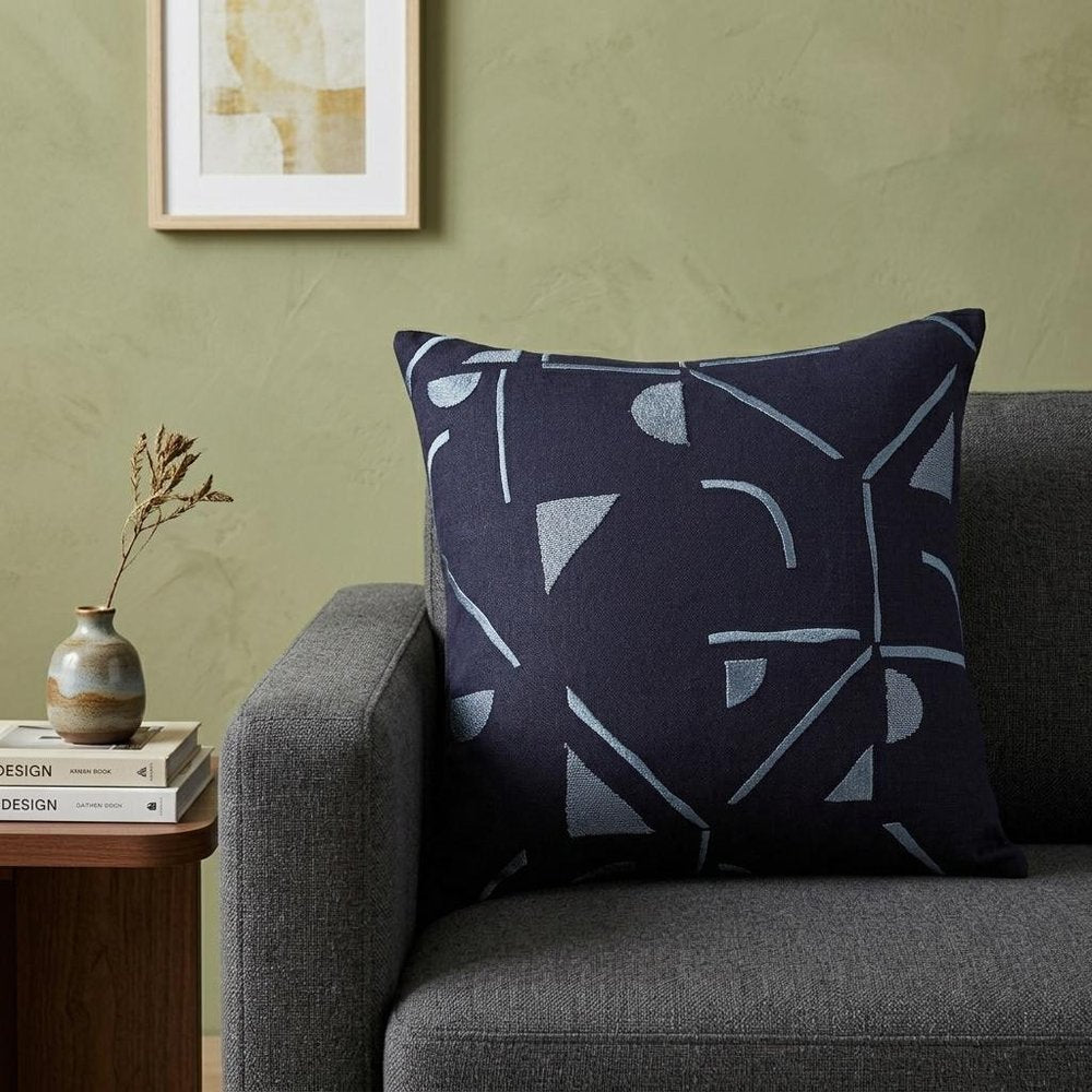20" Ash Gray And Denim Blue Geometric Cotton Blend Throw Pillow Cover — view 4
