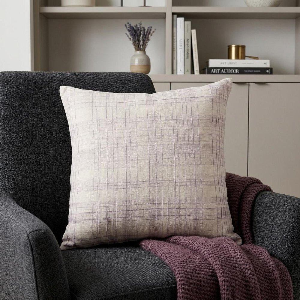 24" Ivory And Lilac Check Cotton Blend Throw Pillow Cover — view 2