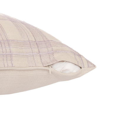 24" Ivory And Lilac Check Cotton Blend Throw Pillow Cover