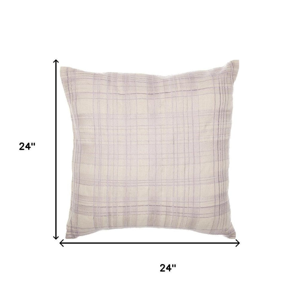 24" Ivory And Lilac Check Cotton Blend Throw Pillow Cover — view 1