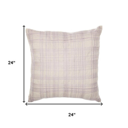 24" Ivory And Lilac Check Cotton Blend Throw Pillow Cover