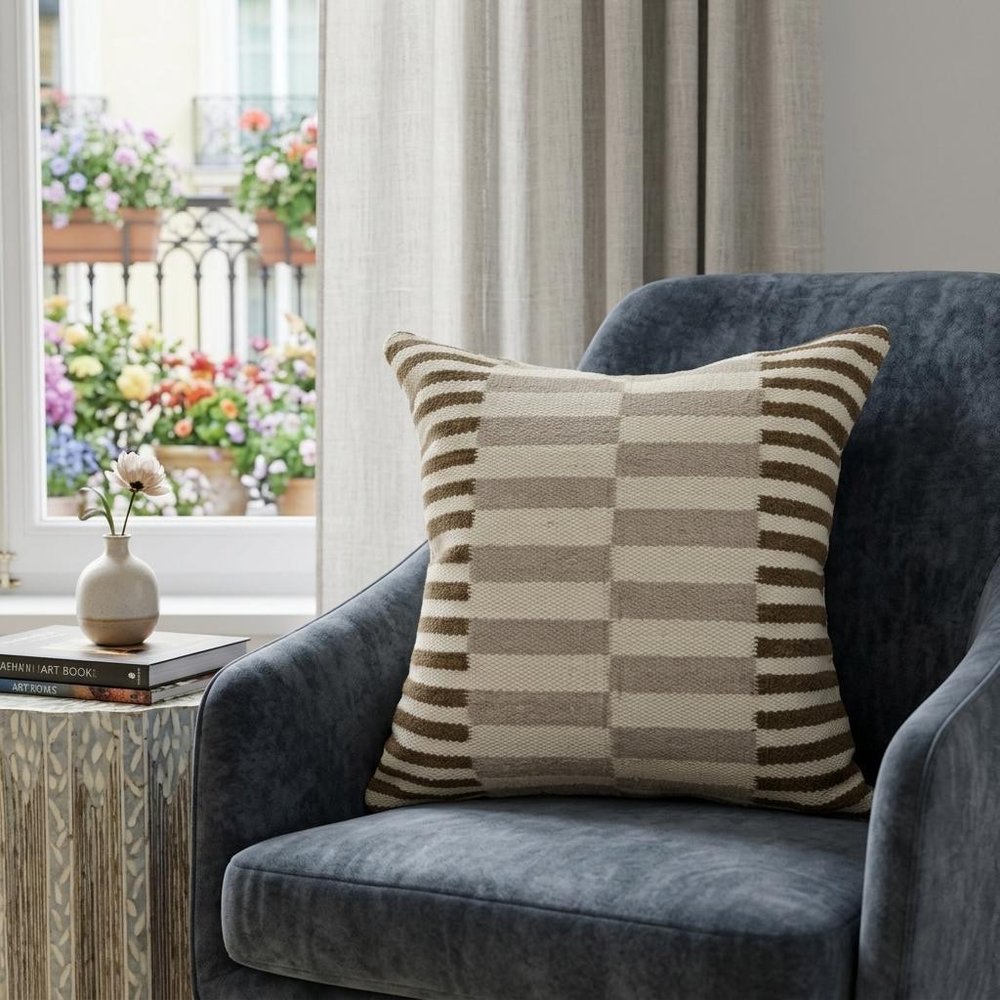 24" Brown Gray And Off White Striped Wool Blend Throw Pillow Cover — view 8