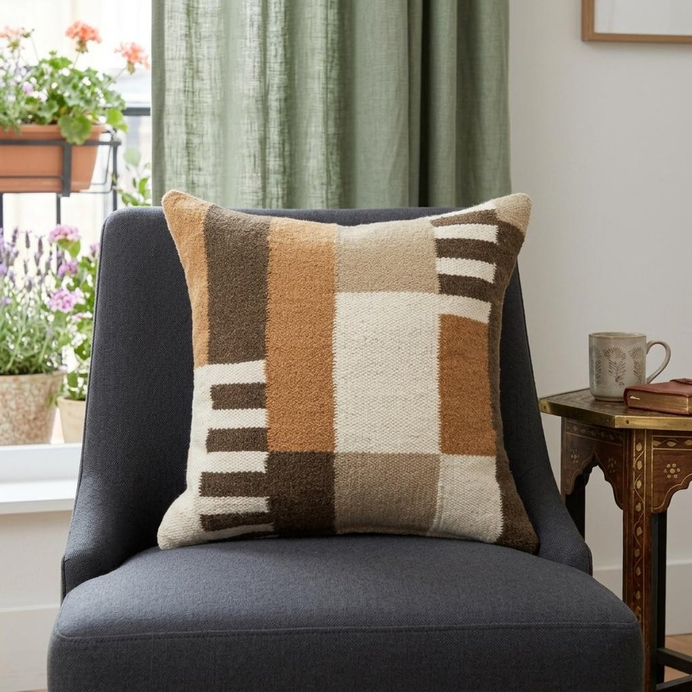 24" Brown Off White And Orange Geometric Wool Blend Throw Pillow Cover — view 9