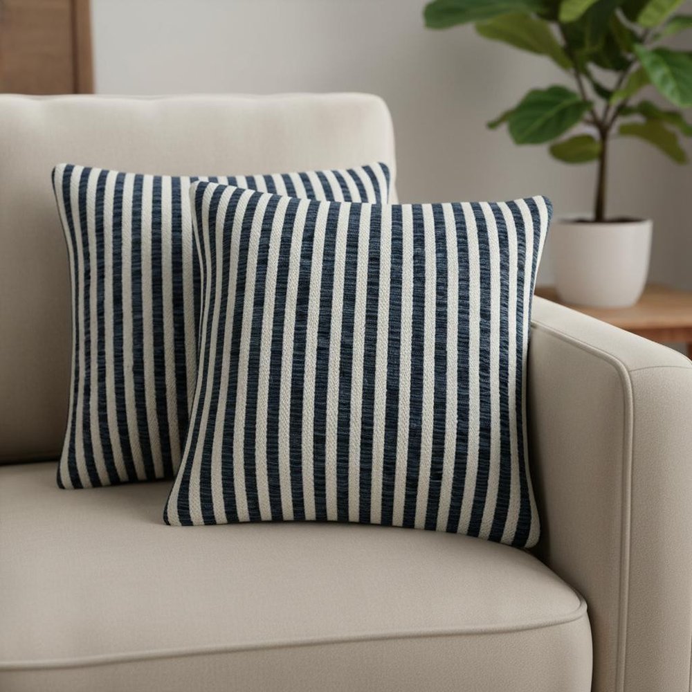 Set of Two 22" X 22" Blue And White Lumbar Striped Cotton Throw Pillow Covers — view 9