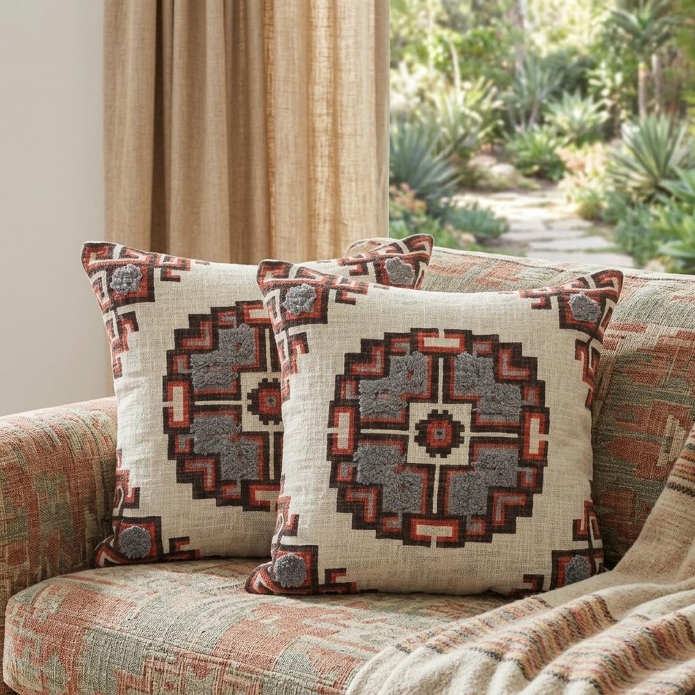 Set of Two 18" X 18" Brown Beige And Orange Lumbar Southwestern Cotton Throw Pillow Covers — view 5