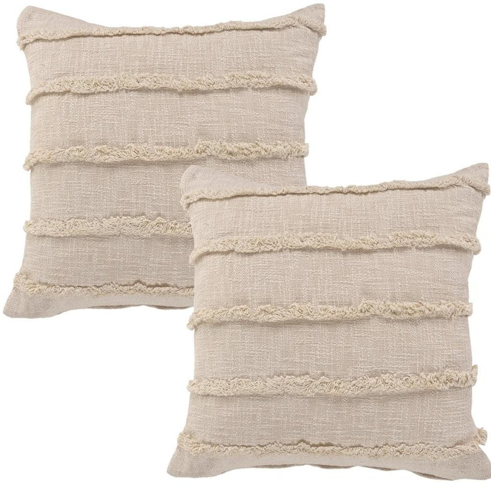 Set of Two 20" Beige Striped Cotton Throw Pillow Covers with Tufts