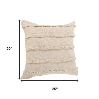 Set of Two 20" Beige Striped Cotton Throw Pillow Covers with Tufts