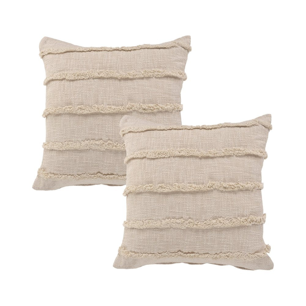 Set of Two 20" Beige Striped Cotton Throw Pillow Covers with Tufts — view 1