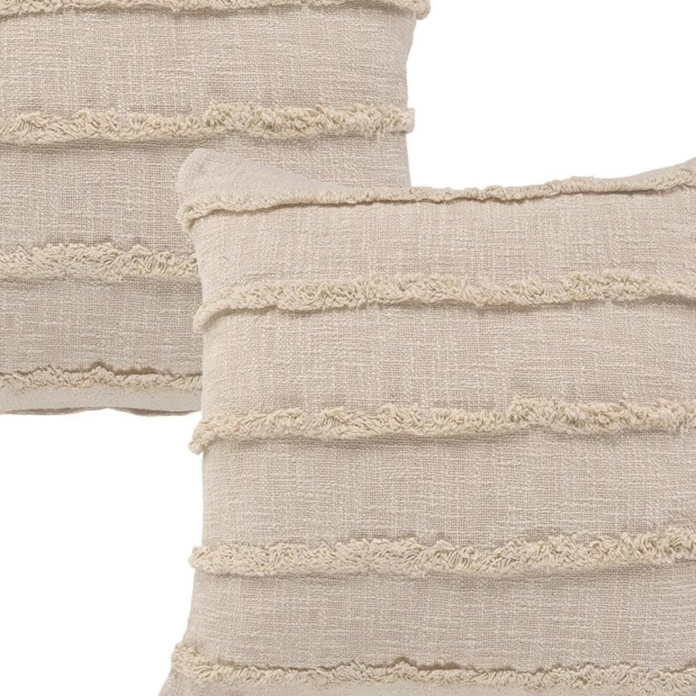 Set of Two 20" Beige Striped Cotton Throw Pillow Covers with Tufts
