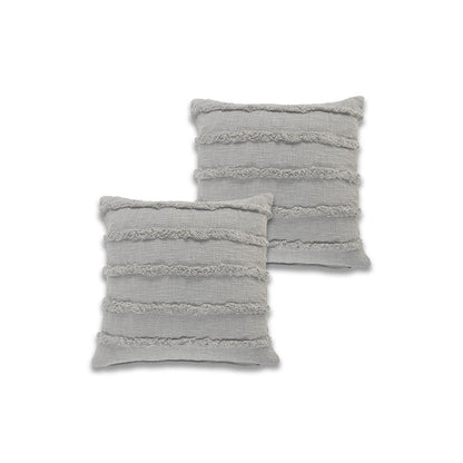 Set of Two 20" Gray Striped Cotton Throw Pillow Covers with Tufts