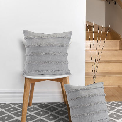 Set of Two 20" Gray Striped Cotton Throw Pillow Covers with Tufts