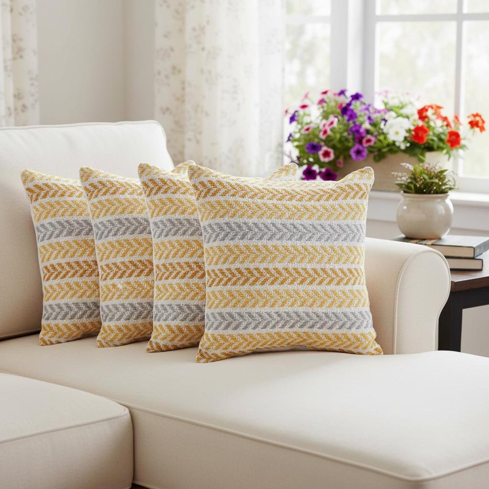 Set of Four 18" X 18" Yellow And Gray Lumbar Beach Chevron Cotton Throw Pillow Covers — view 9