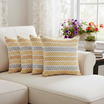 Set of Four 18" X 18" Yellow And Gray Lumbar Beach Chevron Cotton Throw Pillow Covers