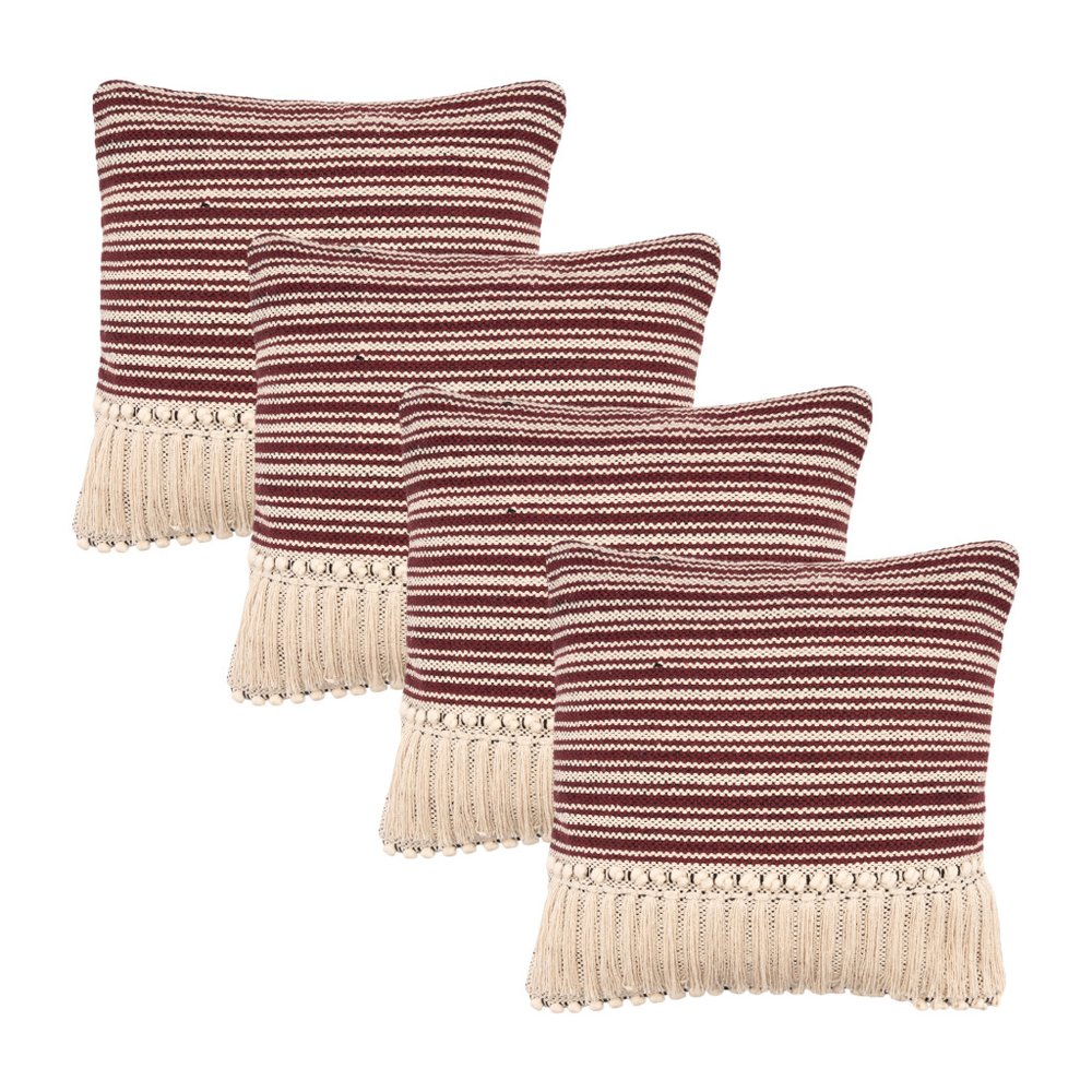 Set of Four 20" X 20" Maroon And Ivory Lumbar Striped Cotton Throw Pillow Covers with Tassels — view 1
