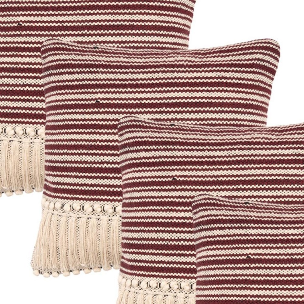 Set of Four 20" X 20" Maroon And Ivory Lumbar Striped Cotton Throw Pillow Covers with Tassels — view 2