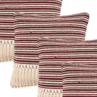 Set of Four 20" X 20" Maroon And Ivory Lumbar Striped Cotton Throw Pillow Covers with Tassels