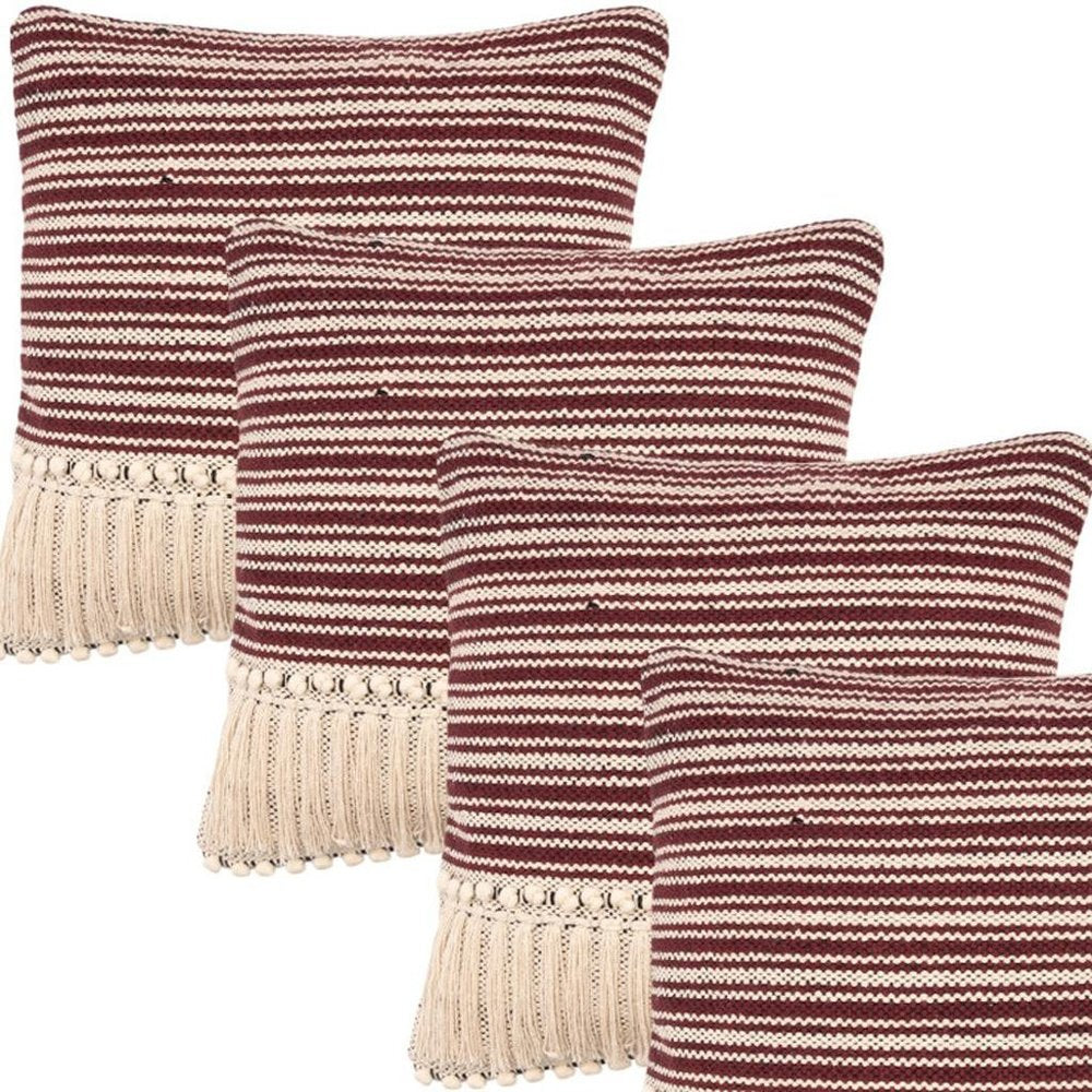 Set of Four 20" X 20" Maroon And Ivory Lumbar Striped Cotton Throw Pillow Covers with Tassels — view 3
